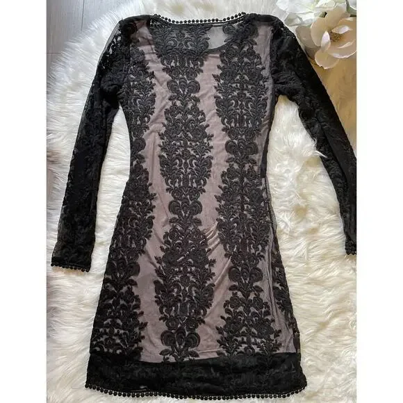 OLIVACEOUS Women’s Dress Party Cocktail Black lace and Nude Mini sexy - Picture 6 of 8